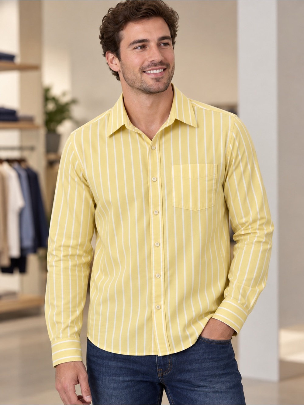 Ruehl No.925 Yellow Stripe Long-Sleeve Button-Down Shirt
